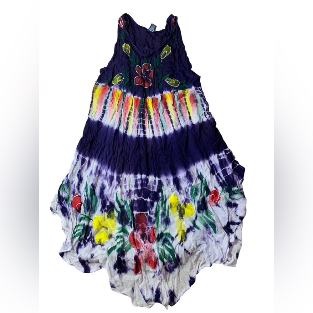 Cleopatra Purple Tie Dye Floral Hand-Painted Boho Dress Free Size
